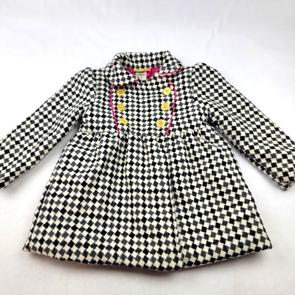 Penelope Mack wool blend checkered flare peacoat with gold & hot pink detailing